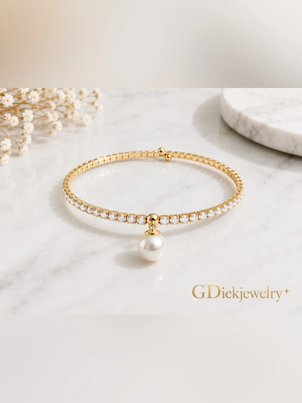 Goldfilled Bangle Pearl Charm Crystal Tennis Bracelet